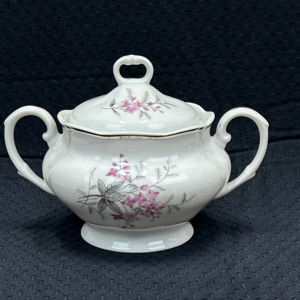 Karolina Poland Fine China Lidded Sugar‎ Bowl Pink Floral Silver Trim 3879